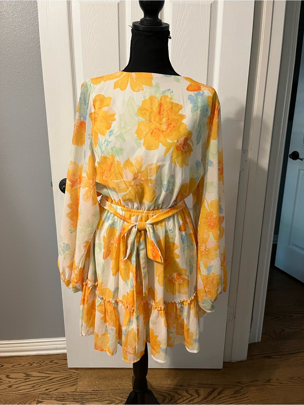 Flying Tomato Yellow & Light Blue Floral Tie-Waist Long Sleeve Dress